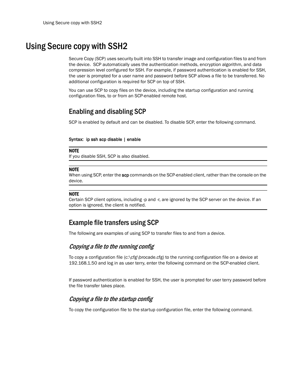 Using secure copy with ssh2, Enabling and disabling scp, Example file transfers using scp | Copying a file to the running config, Copying a file to the startup config | Brocade TurboIron 24X Series Configuration Guide User Manual | Page 164 / 1116