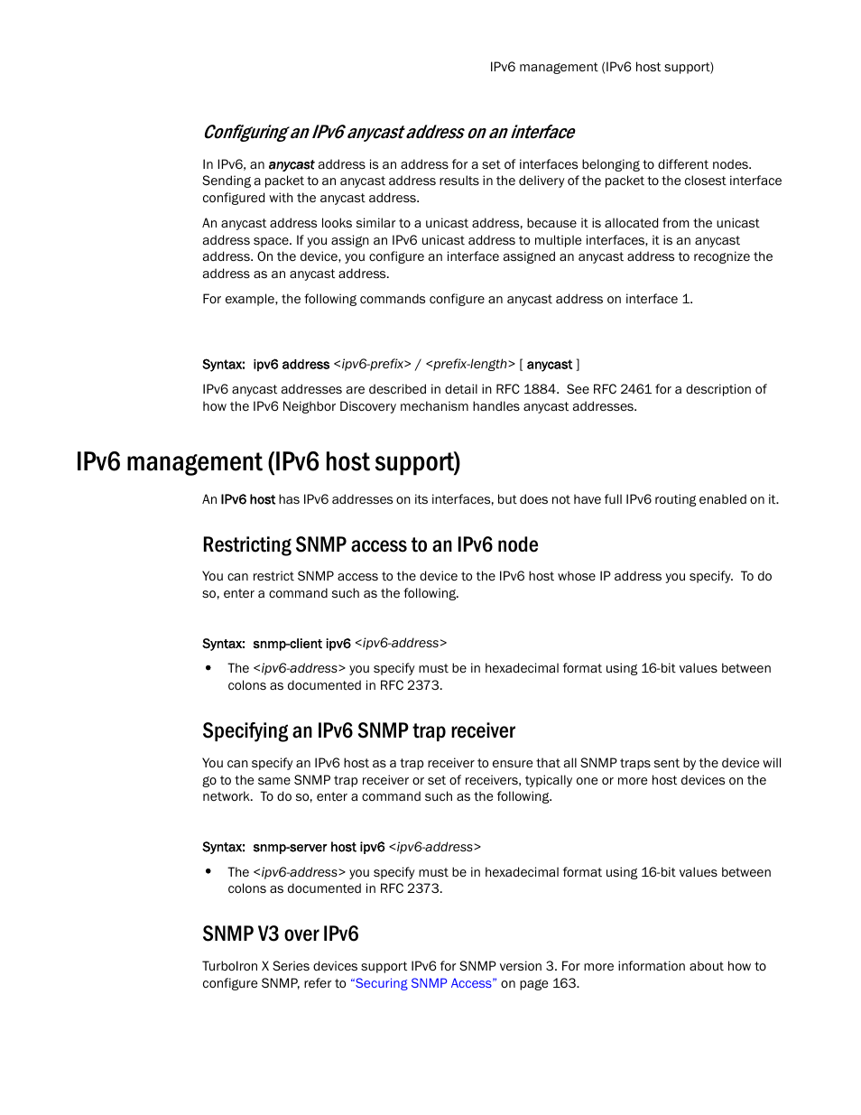 Ipv6 management (ipv6 host support), Restricting snmp access to an ipv6 node, Specifying an ipv6 snmp trap receiver | Snmp v3 over ipv6 | Brocade TurboIron 24X Series Configuration Guide User Manual | Page 175 / 1116
