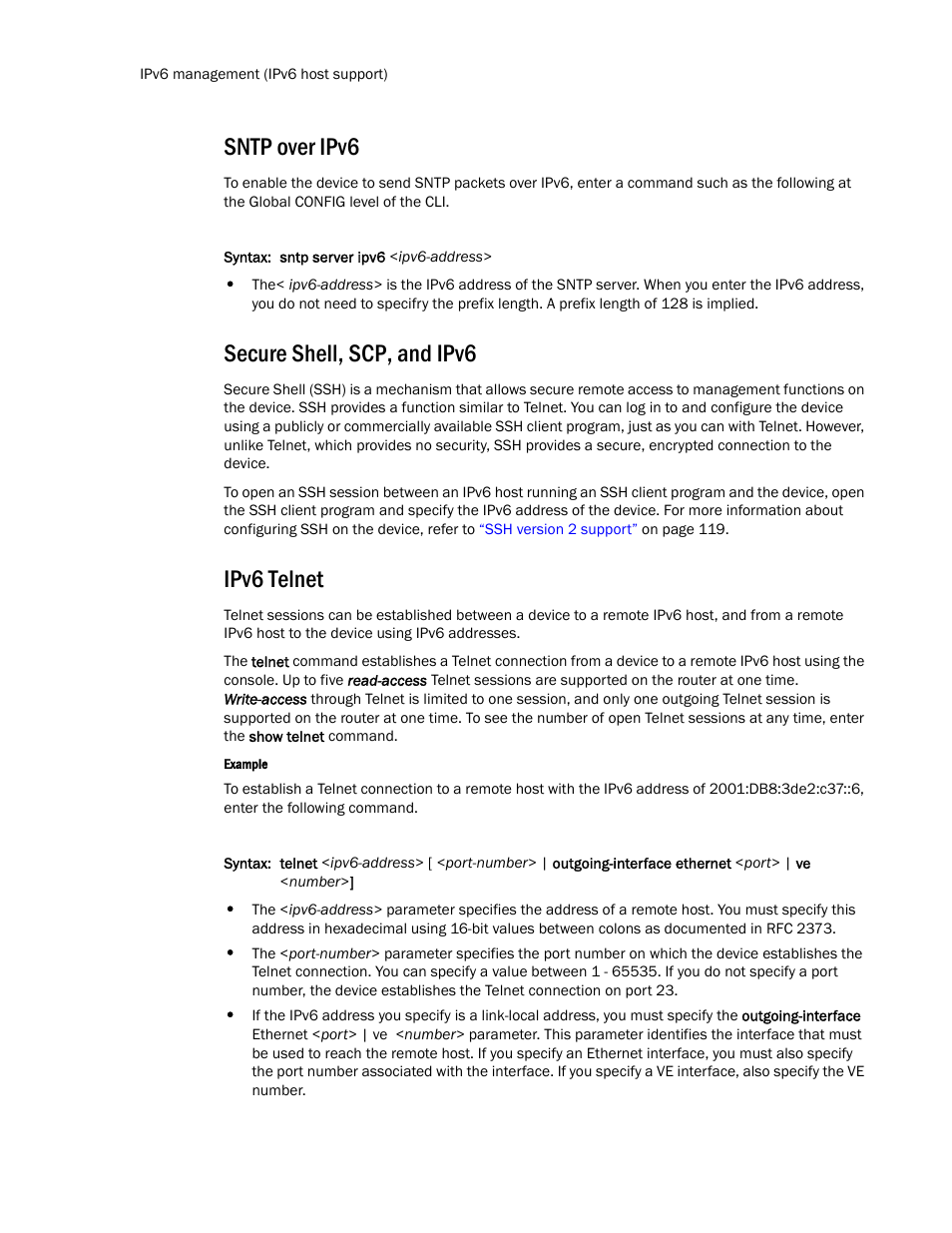 Sntp over ipv6, Secure shell, scp, and ipv6, Ipv6 telnet | Brocade TurboIron 24X Series Configuration Guide User Manual | Page 176 / 1116