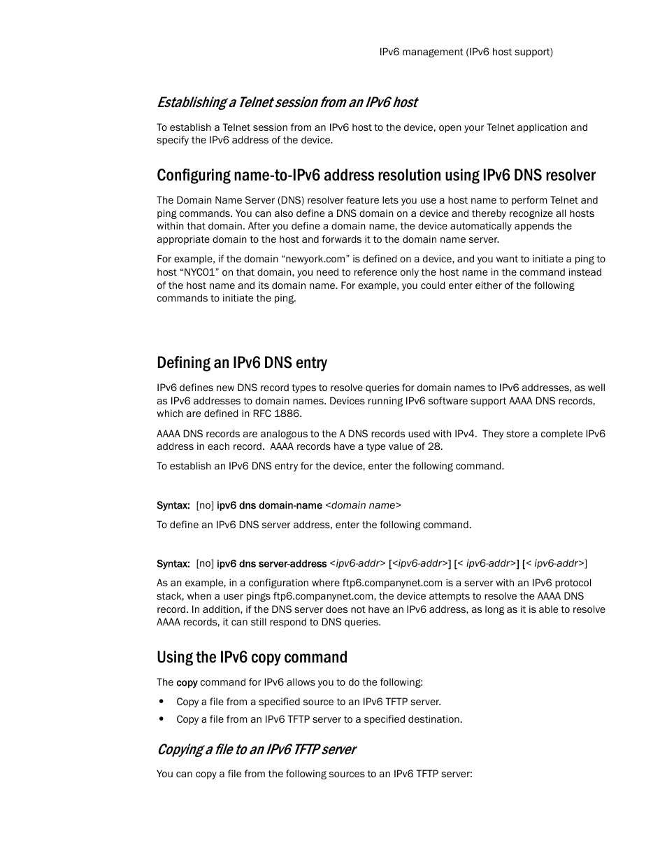 Defining an ipv6 dns entry, Using the ipv6 copy command, Establishing a telnet session from an ipv6 host | Copying a file to an ipv6 tftp server | Brocade TurboIron 24X Series Configuration Guide User Manual | Page 177 / 1116