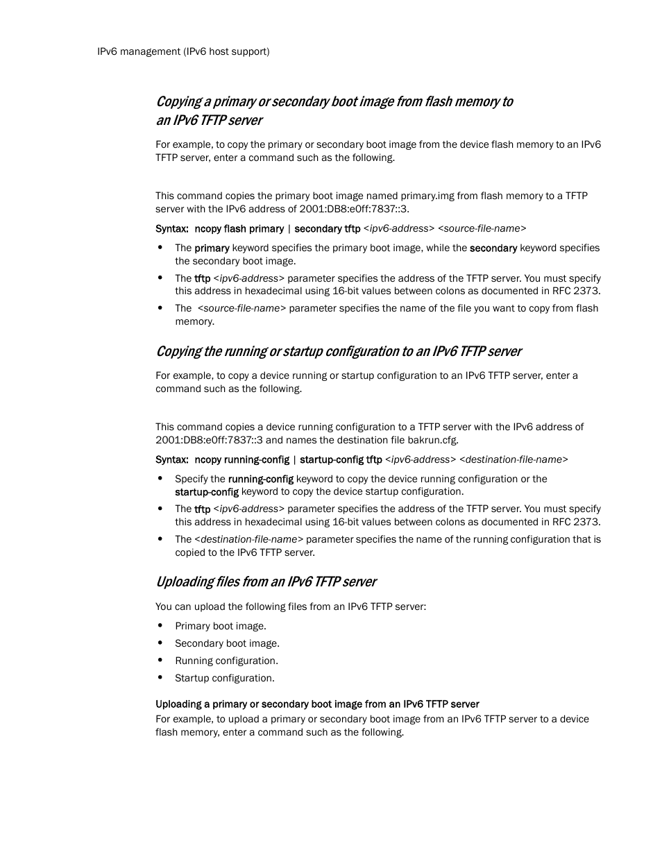 Uploading files from an ipv6 tftp server | Brocade TurboIron 24X Series Configuration Guide User Manual | Page 180 / 1116