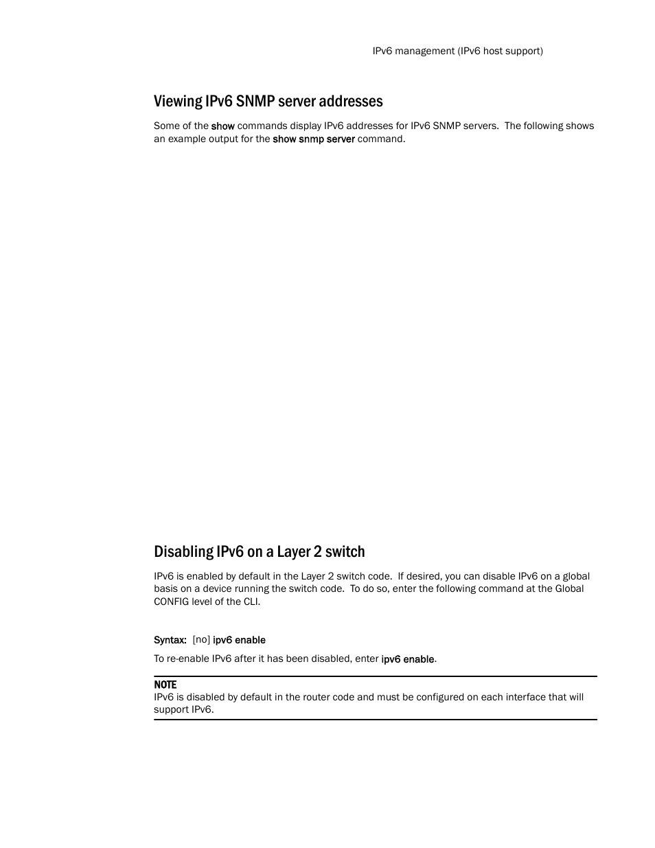Viewing ipv6 snmp server addresses, Disabling ipv6 on a layer 2 switch | Brocade TurboIron 24X Series Configuration Guide User Manual | Page 183 / 1116
