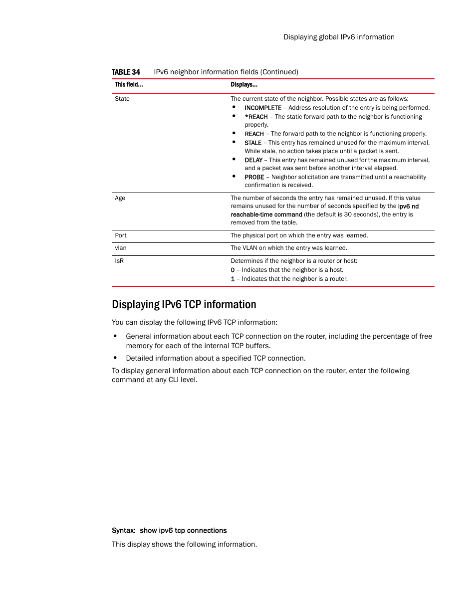 Displaying ipv6 tcp information | Brocade TurboIron 24X Series Configuration Guide User Manual | Page 189 / 1116