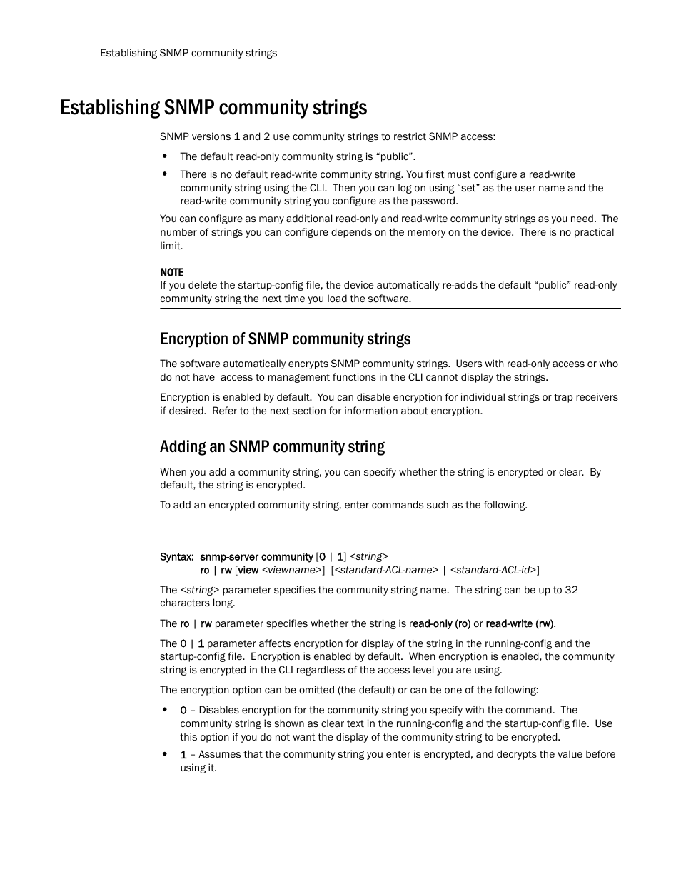 Establishing snmp community strings, Encryption of snmp community strings, Adding an snmp community string | Brocade TurboIron 24X Series Configuration Guide User Manual | Page 198 / 1116