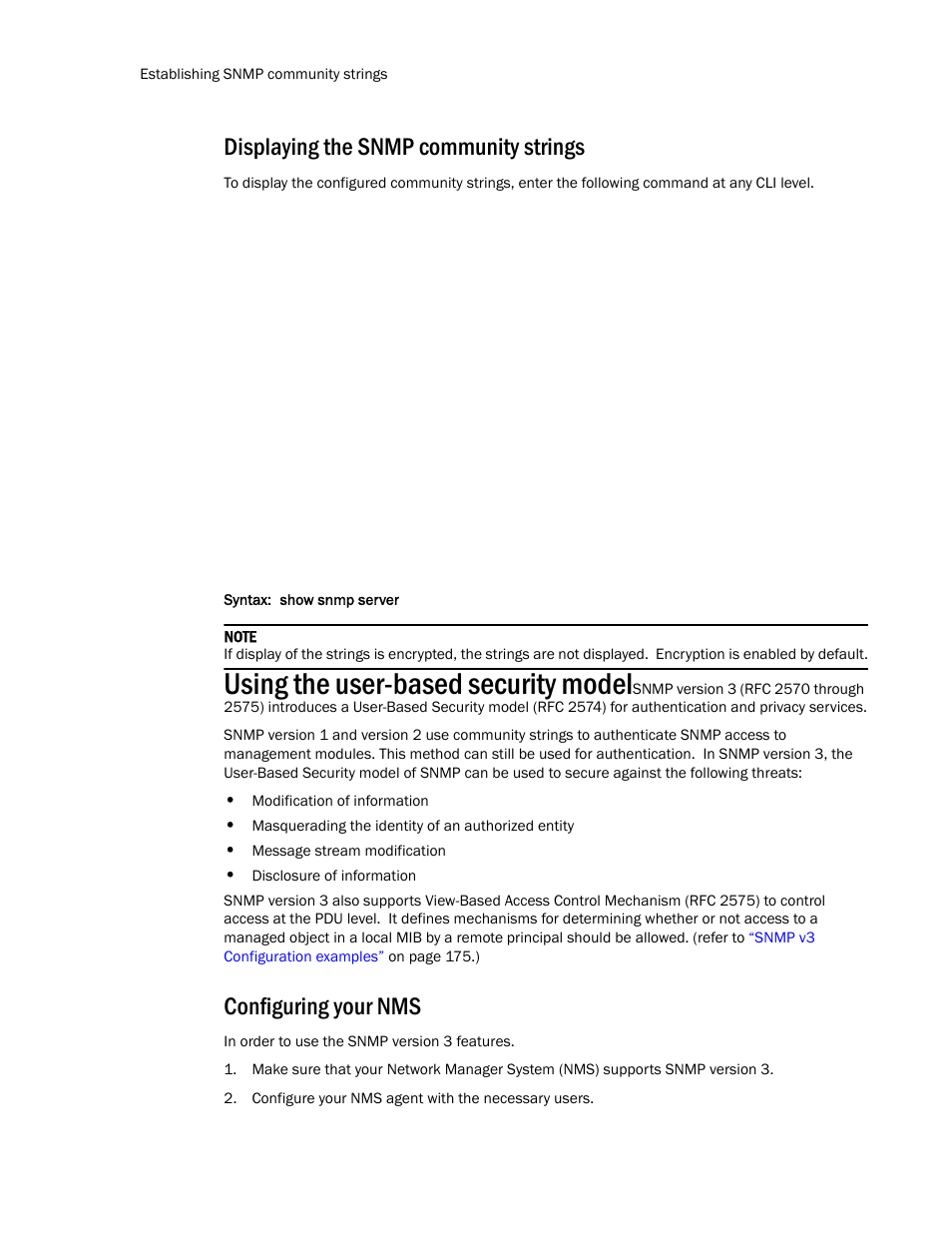 Displaying the snmp community strings, Configuring your nms, Using the user-based security model | Brocade TurboIron 24X Series Configuration Guide User Manual | Page 200 / 1116