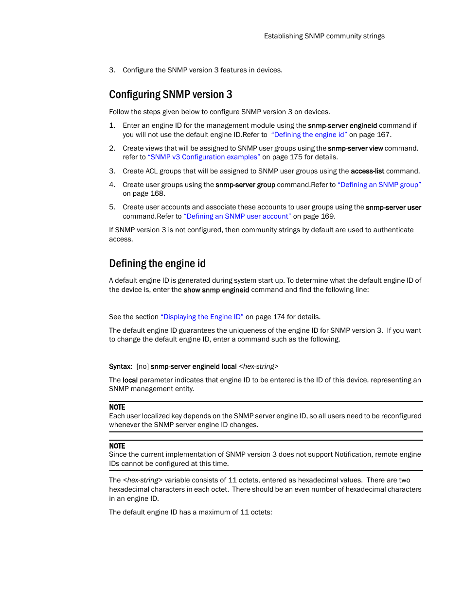 Configuring snmp version 3, Defining the engine id | Brocade TurboIron 24X Series Configuration Guide User Manual | Page 201 / 1116