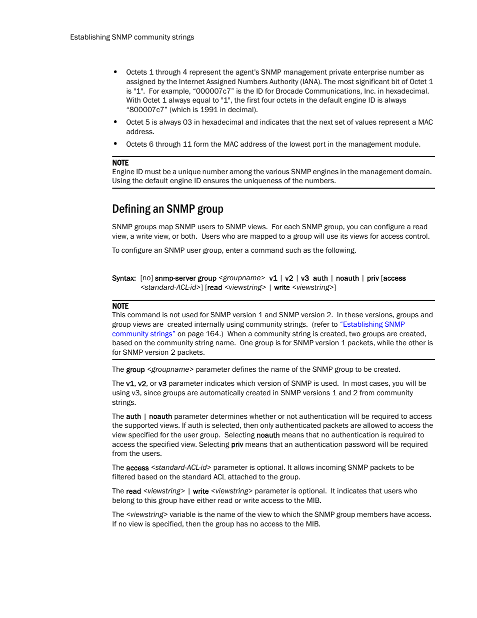 Defining an snmp group | Brocade TurboIron 24X Series Configuration Guide User Manual | Page 202 / 1116