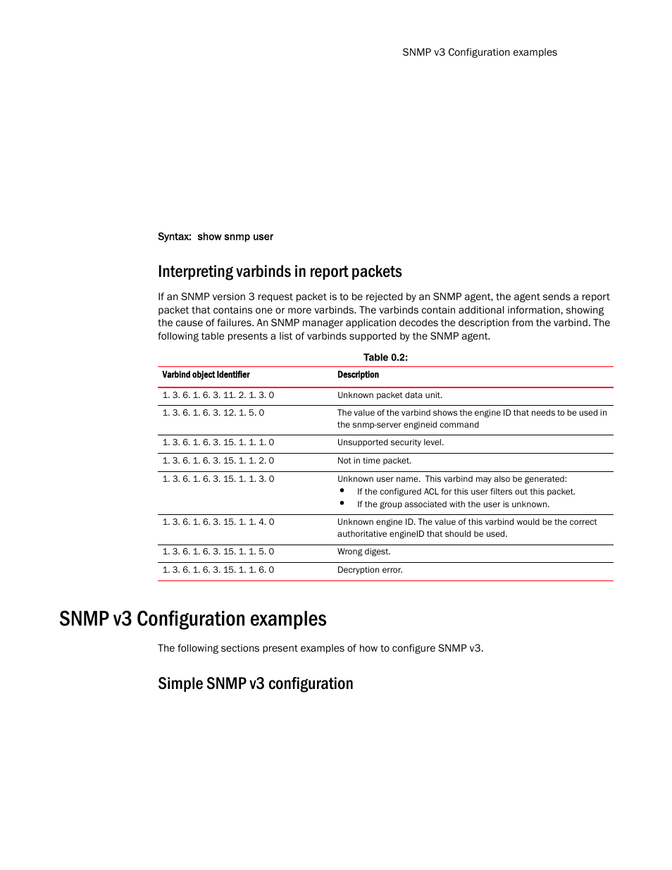 Interpreting varbinds in report packets, Snmp v3 configuration examples, Simple snmp v3 configuration | Snmp v3, Configuration examples | Brocade TurboIron 24X Series Configuration Guide User Manual | Page 209 / 1116
