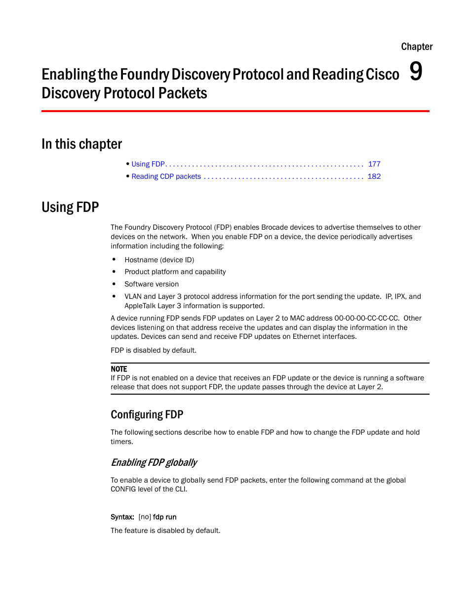 Using fdp, Configuring fdp, Chapter 9 | Discovery protocol packets, Enabling fdp globally | Brocade TurboIron 24X Series Configuration Guide User Manual | Page 211 / 1116
