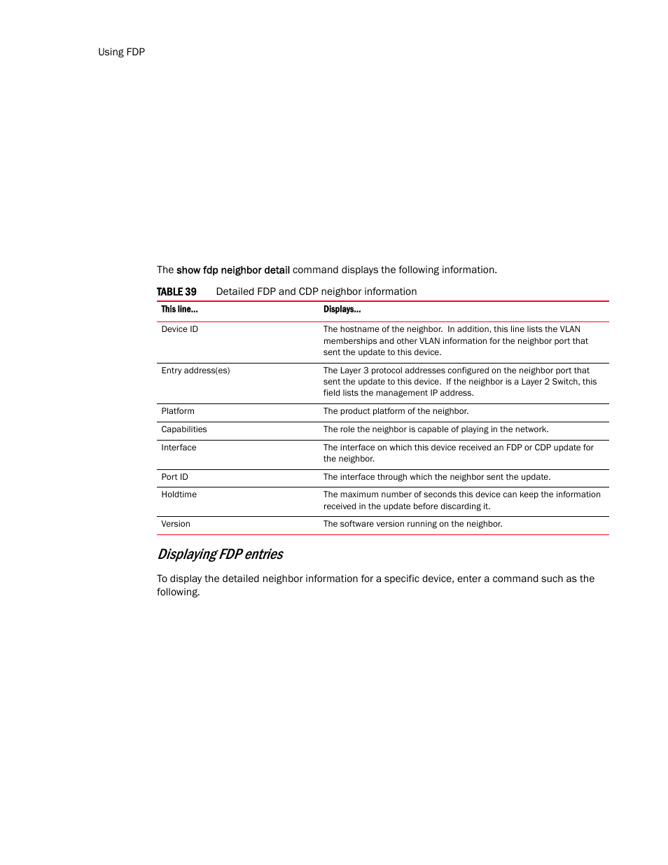 Displaying fdp entries | Brocade TurboIron 24X Series Configuration Guide User Manual | Page 214 / 1116