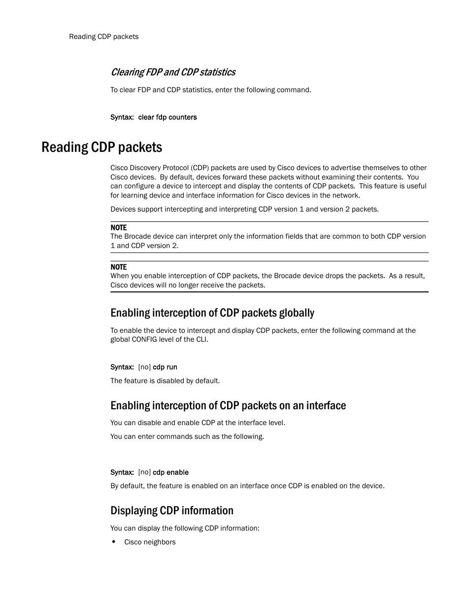 Reading cdp packets, Enabling interception of cdp packets globally, Displaying cdp information | Clearing fdp and cdp statistics | Brocade TurboIron 24X Series Configuration Guide User Manual | Page 216 / 1116