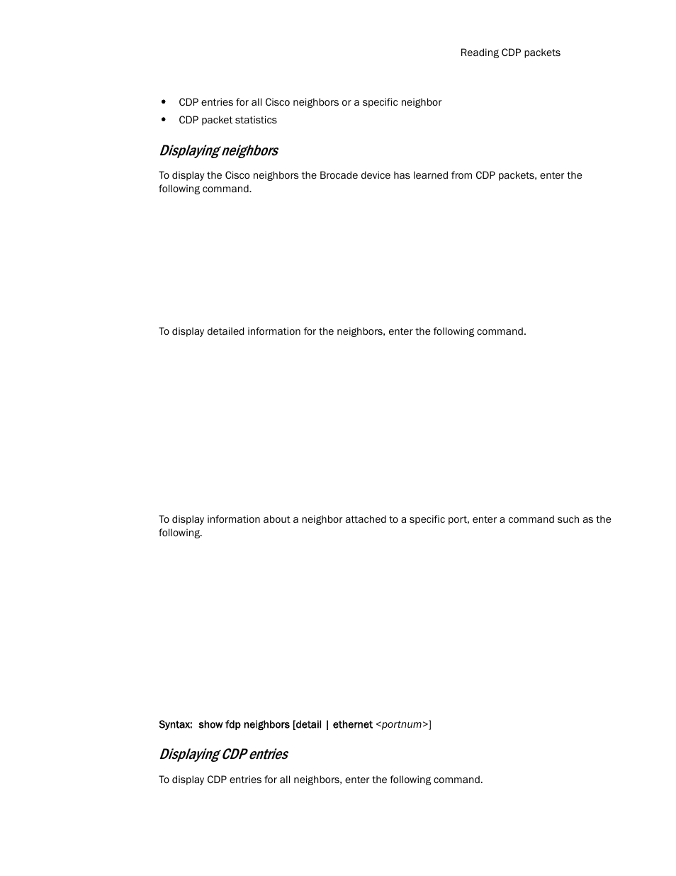 Displaying neighbors, Displaying cdp entries | Brocade TurboIron 24X Series Configuration Guide User Manual | Page 217 / 1116