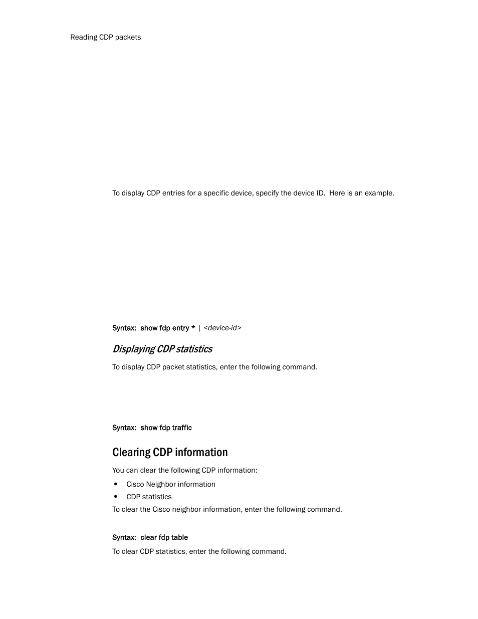 Clearing cdp information, Displaying cdp statistics | Brocade TurboIron 24X Series Configuration Guide User Manual | Page 218 / 1116