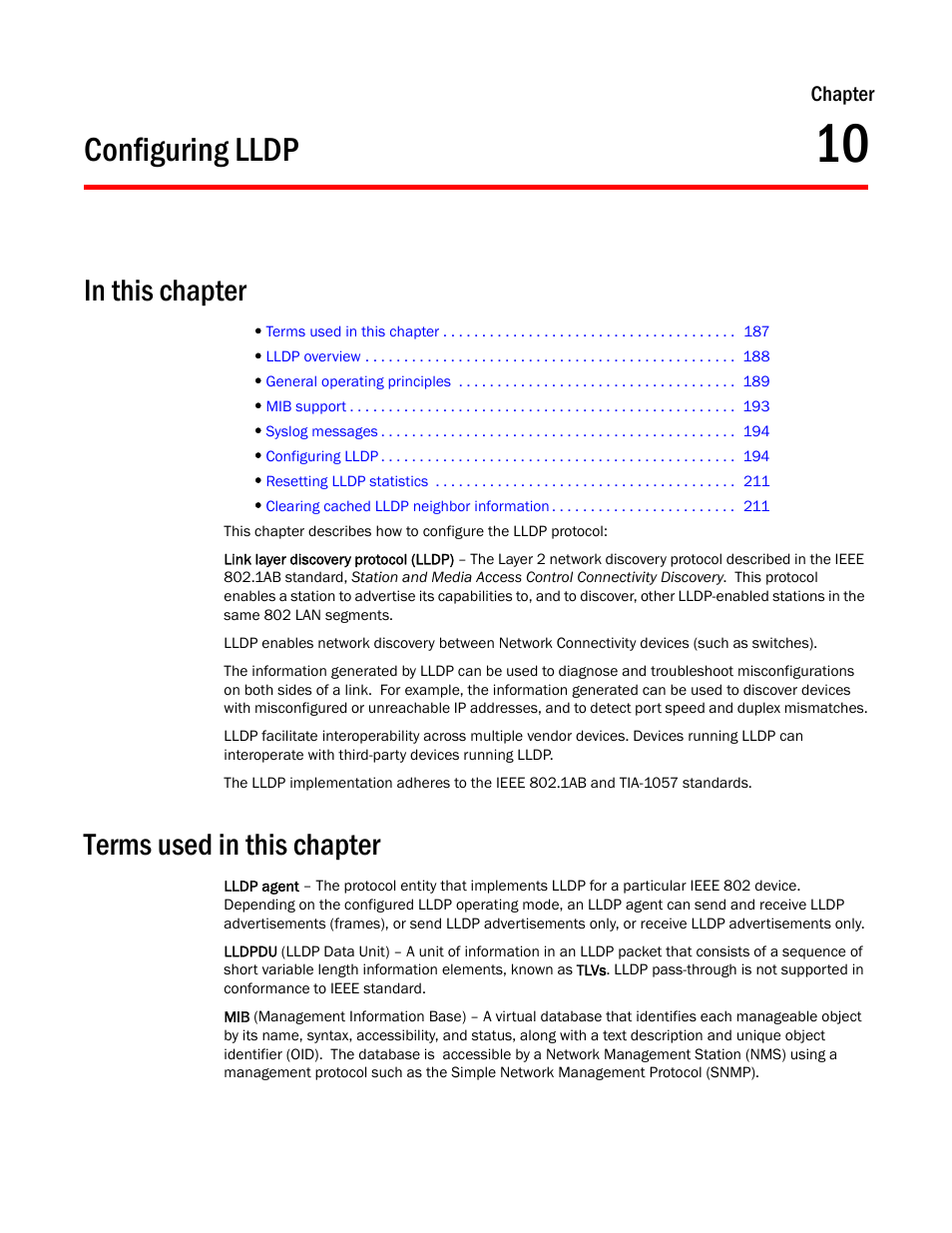 Configuring lldp, Terms used in this chapter, Chapter 10 | Brocade TurboIron 24X Series Configuration Guide User Manual | Page 221 / 1116