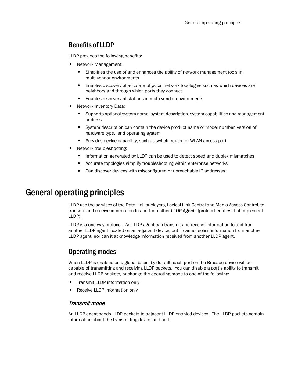 Benefits of lldp, General operating principles, Operating modes | Transmit mode | Brocade TurboIron 24X Series Configuration Guide User Manual | Page 223 / 1116