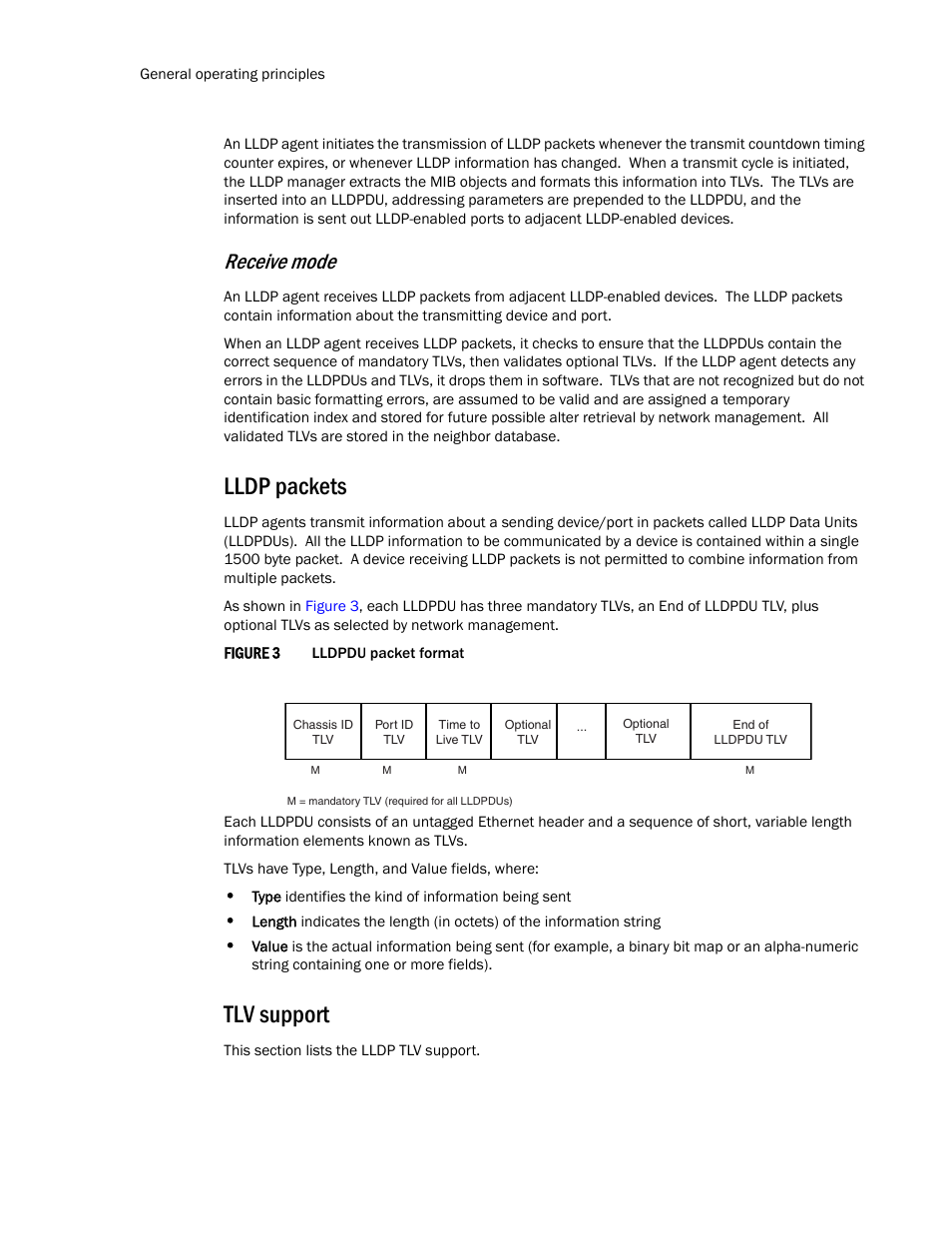 Lldp packets, Tlv support, Receive mode | Brocade TurboIron 24X Series Configuration Guide User Manual | Page 224 / 1116