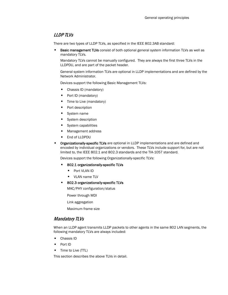 Lldp tlvs, Mandatory tlvs | Brocade TurboIron 24X Series Configuration Guide User Manual | Page 225 / 1116