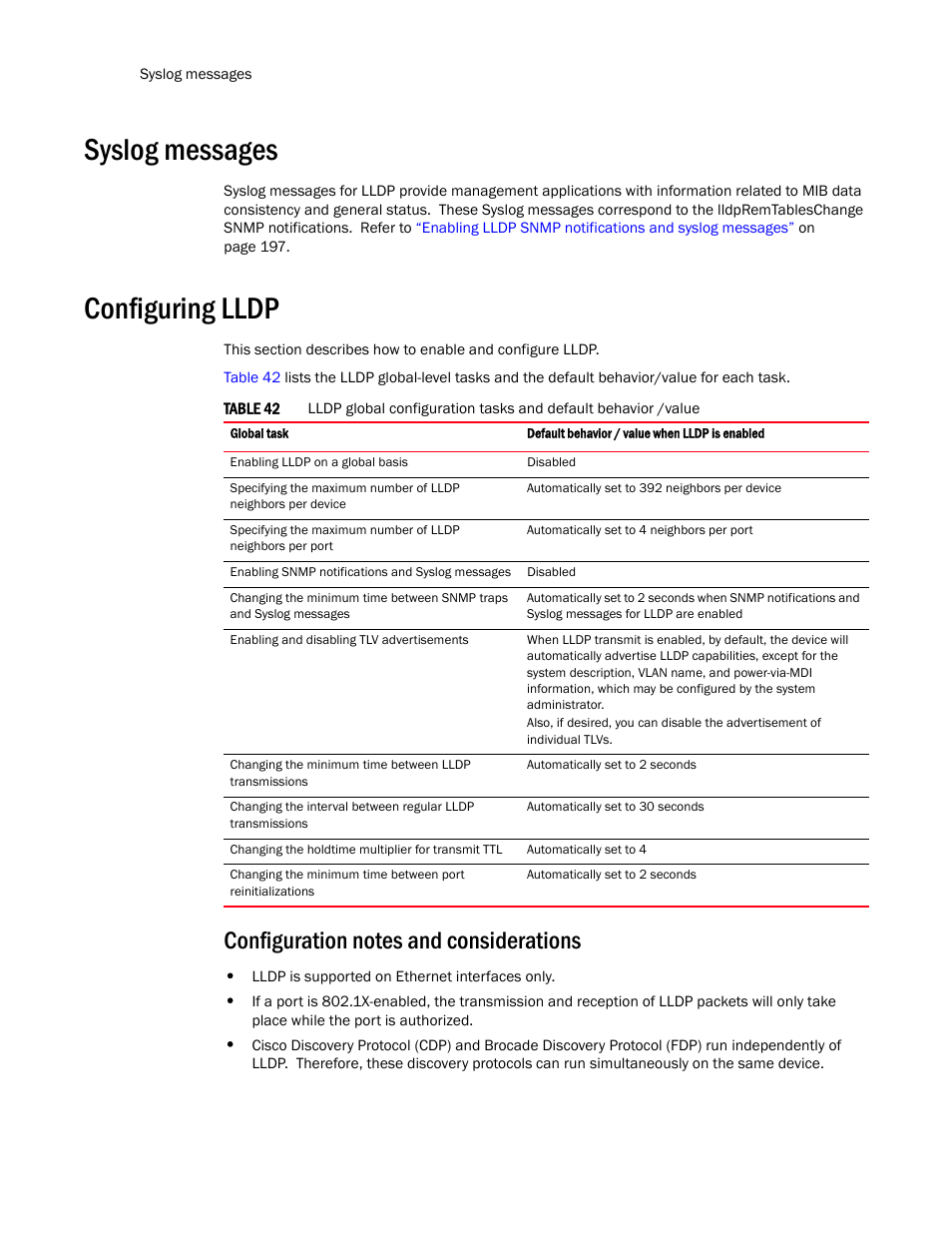 Syslog messages, Configuring lldp, Configuration notes and considerations | Brocade TurboIron 24X Series Configuration Guide User Manual | Page 228 / 1116