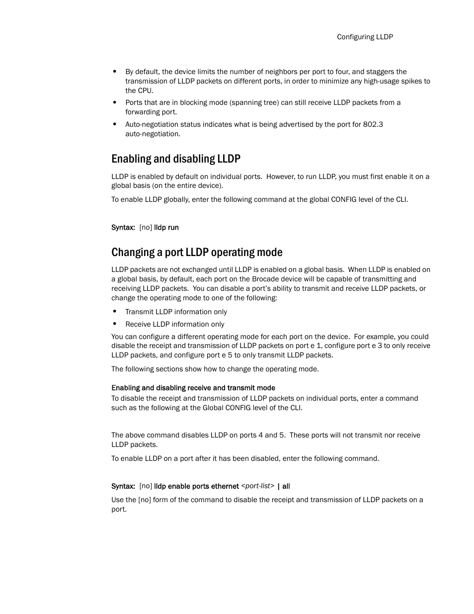 Enabling and disabling lldp, Changing a port lldp operating mode | Brocade TurboIron 24X Series Configuration Guide User Manual | Page 229 / 1116