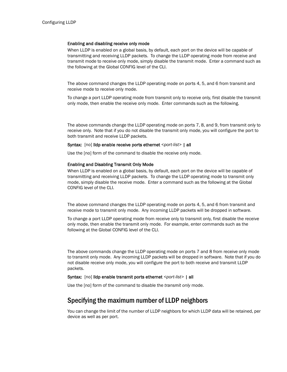 Specifying the maximum number of lldp neighbors | Brocade TurboIron 24X Series Configuration Guide User Manual | Page 230 / 1116