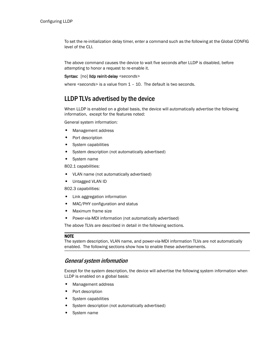 Lldp tlvs advertised by the device, General system information | Brocade TurboIron 24X Series Configuration Guide User Manual | Page 234 / 1116