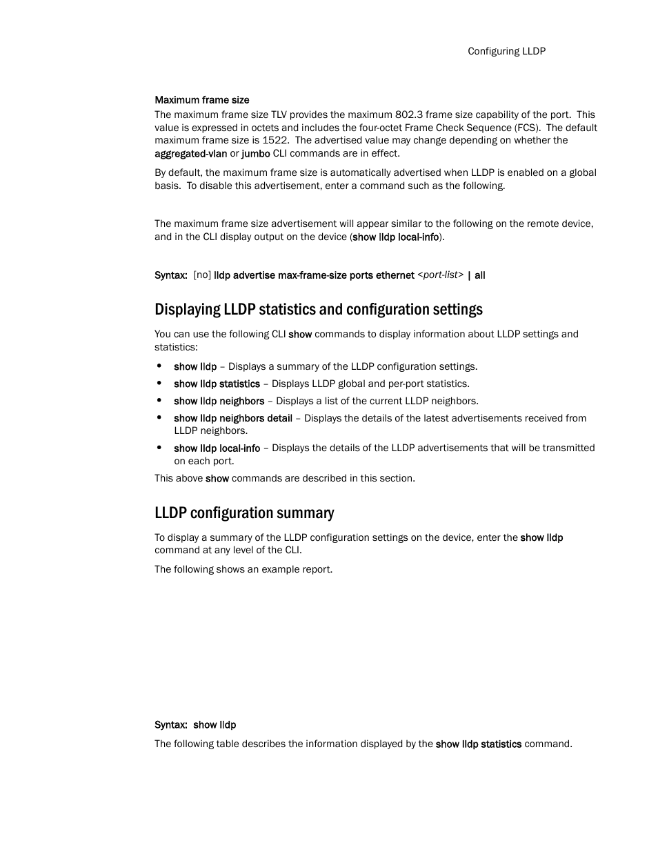 Lldp configuration summary | Brocade TurboIron 24X Series Configuration Guide User Manual | Page 239 / 1116