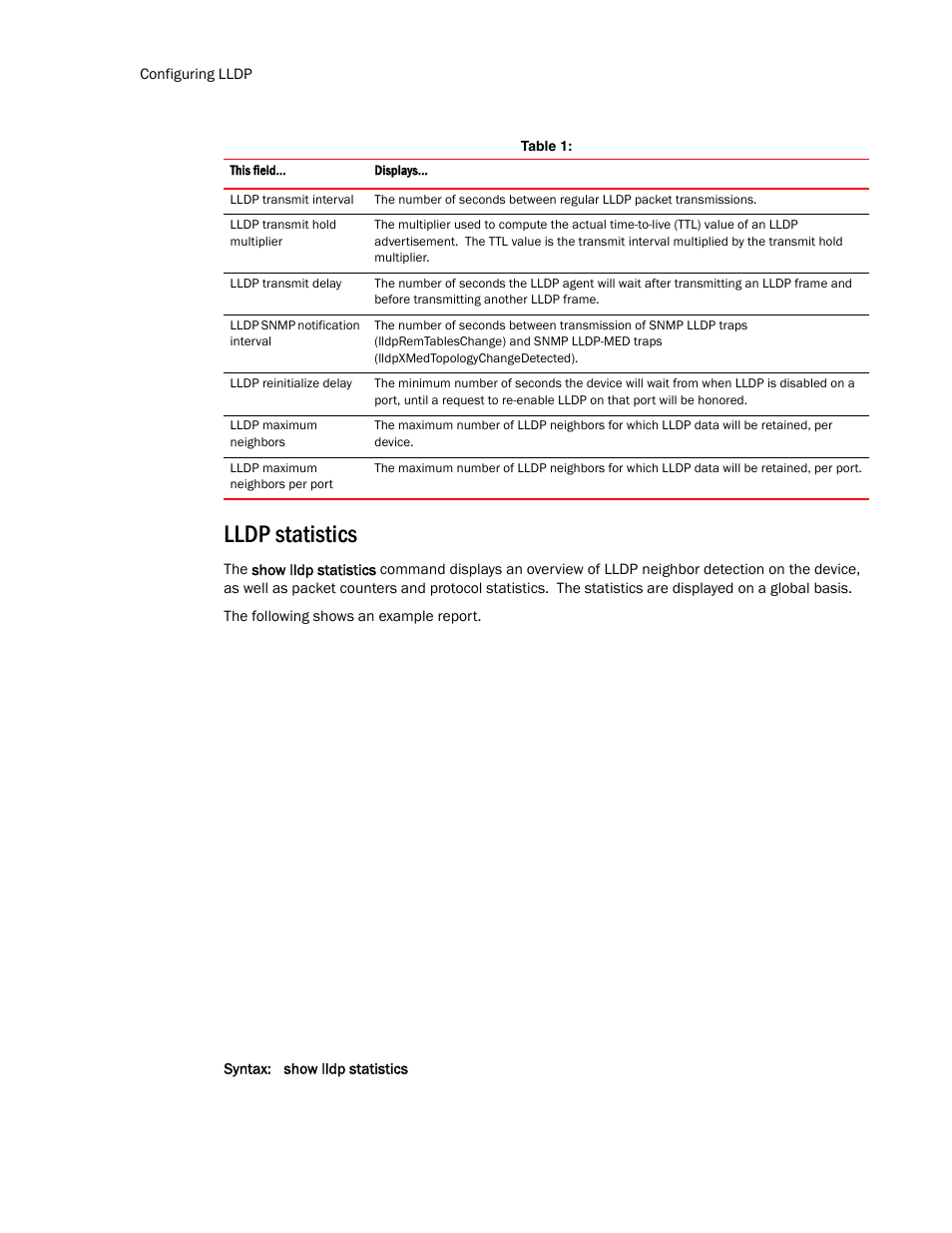 Lldp statistics | Brocade TurboIron 24X Series Configuration Guide User Manual | Page 240 / 1116