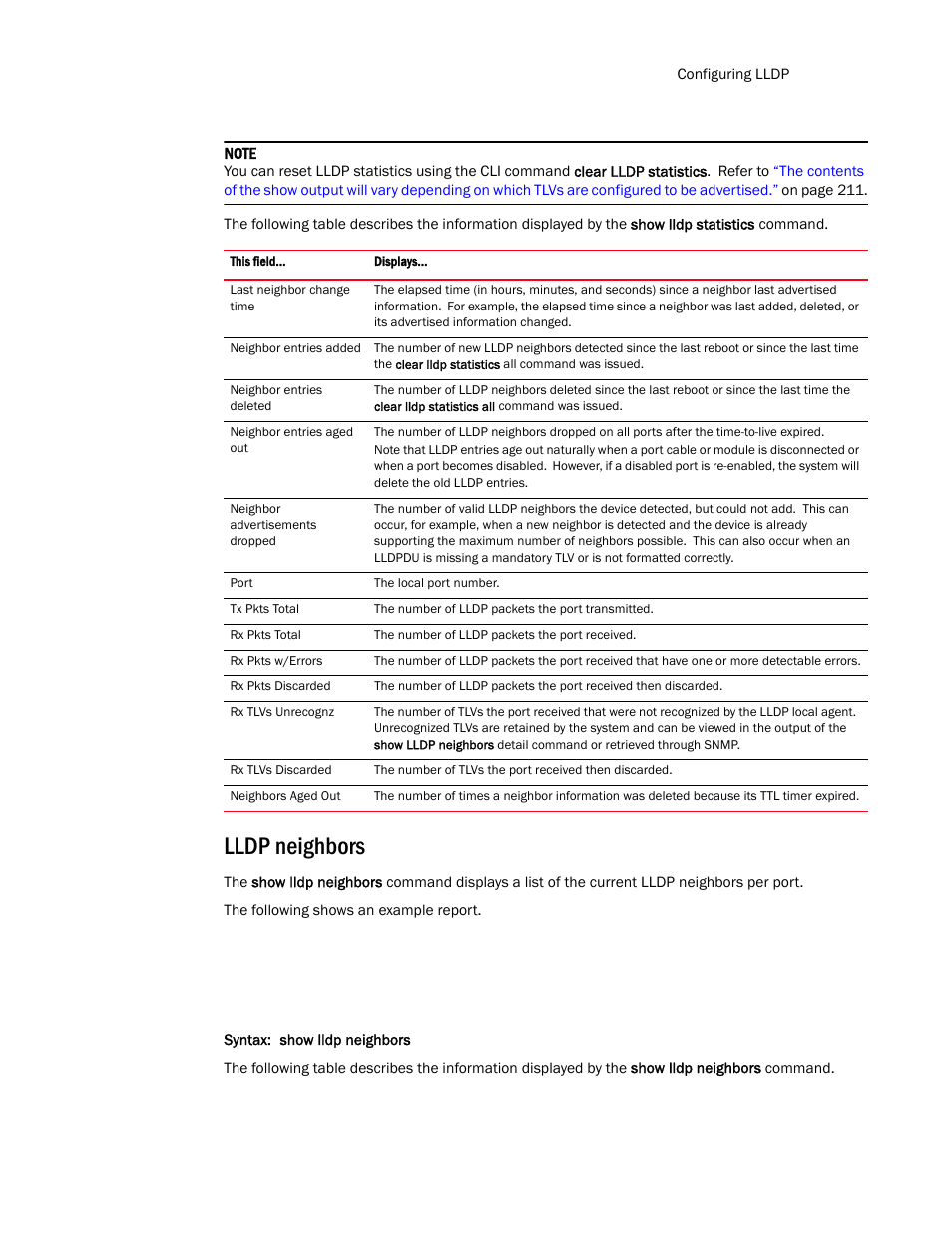 Lldp neighbors | Brocade TurboIron 24X Series Configuration Guide User Manual | Page 241 / 1116