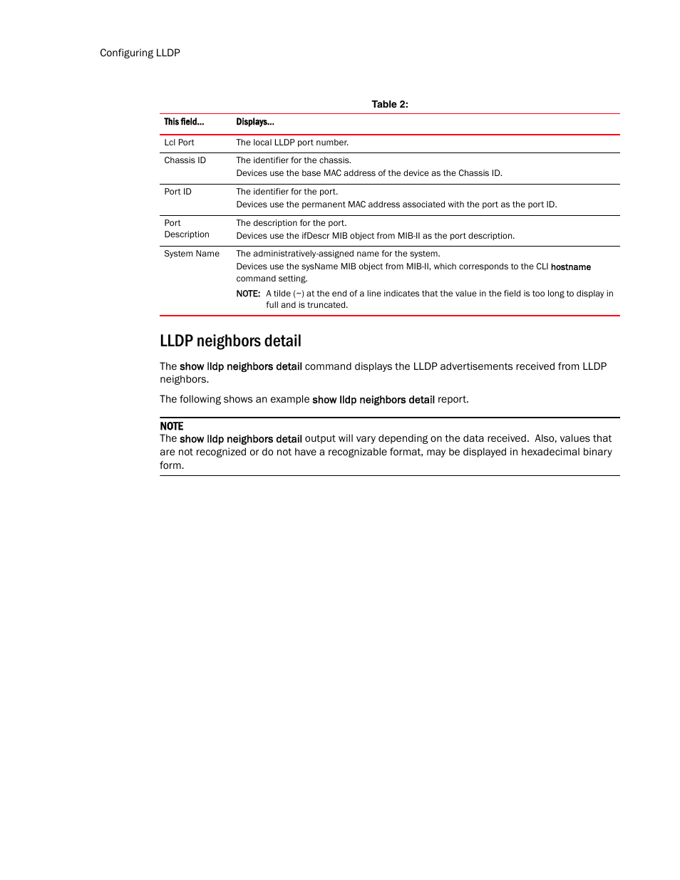 Lldp neighbors detail | Brocade TurboIron 24X Series Configuration Guide User Manual | Page 242 / 1116