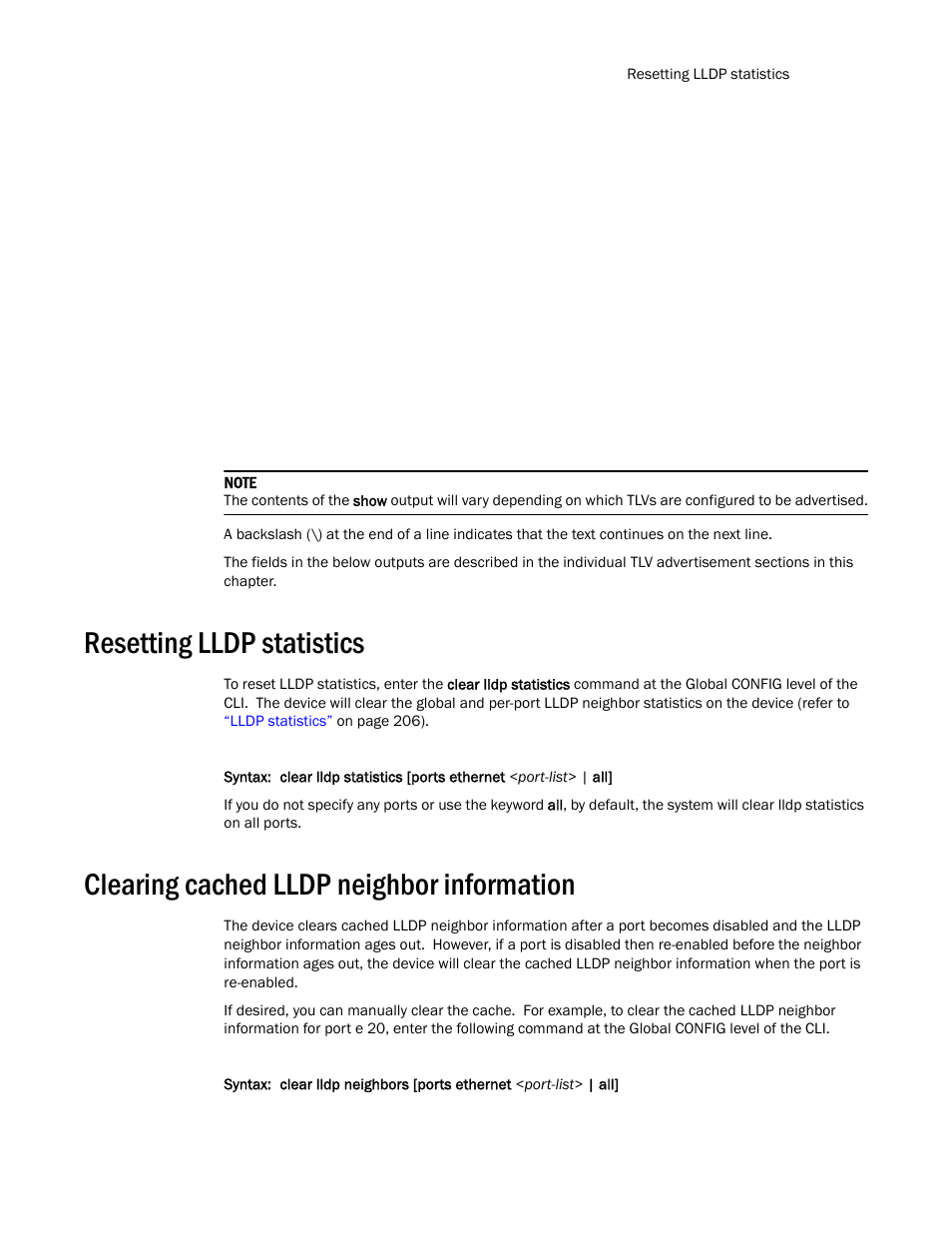 Resetting lldp statistics, Clearing cached lldp neighbor information | Brocade TurboIron 24X Series Configuration Guide User Manual | Page 245 / 1116