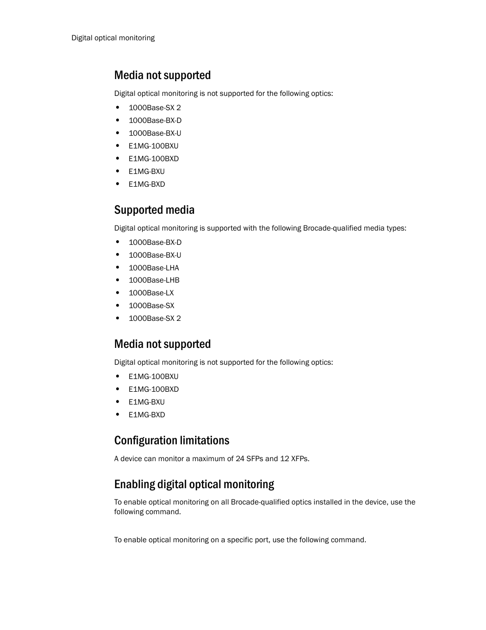 Media not supported, Supported media, Configuration limitations | Enabling digital optical monitoring | Brocade TurboIron 24X Series Configuration Guide User Manual | Page 248 / 1116