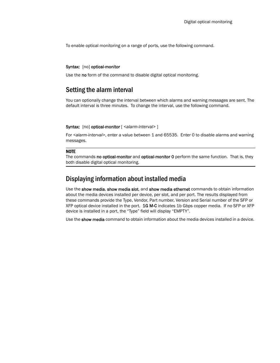 Setting the alarm interval, Displaying information about installed media | Brocade TurboIron 24X Series Configuration Guide User Manual | Page 249 / 1116