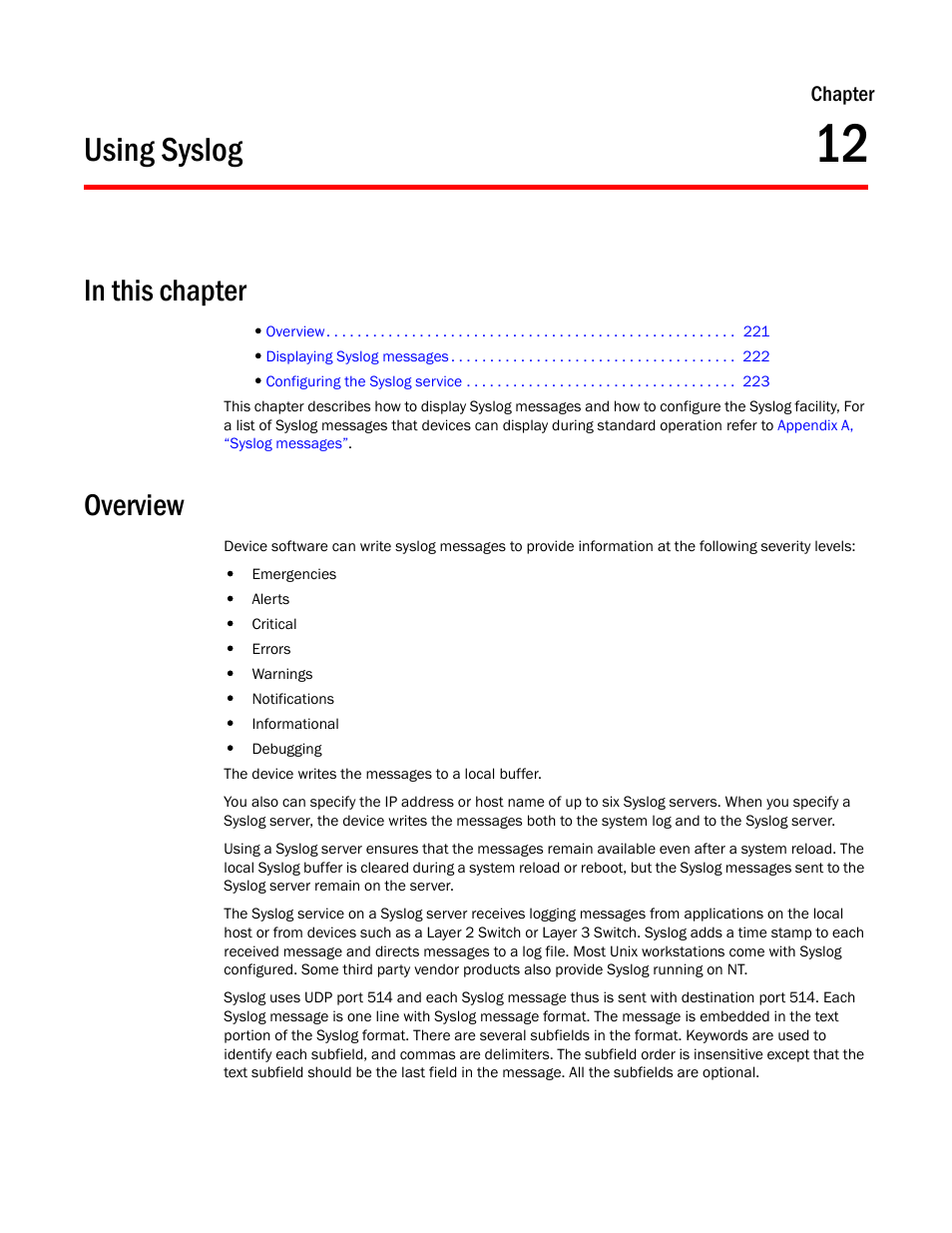 Using syslog, Overview, Chapter 12 | Chapter 12, “using syslog | Brocade TurboIron 24X Series Configuration Guide User Manual | Page 255 / 1116