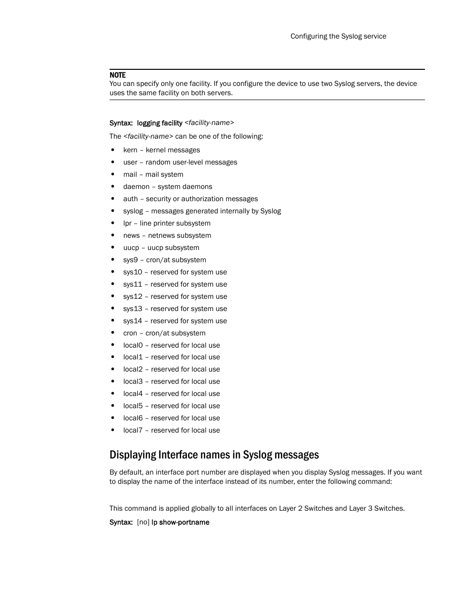 Displaying interface names in syslog messages | Brocade TurboIron 24X Series Configuration Guide User Manual | Page 263 / 1116