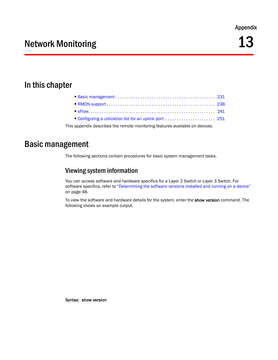 Network monitoring, Basic management, Viewing system information | Appendix 13, Appendix | Brocade TurboIron 24X Series Configuration Guide User Manual | Page 265 / 1116