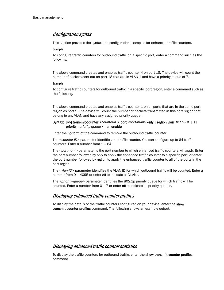 Configuration syntax, Displaying enhanced traffic counter profiles, Displaying enhanced traffic counter statistics | Brocade TurboIron 24X Series Configuration Guide User Manual | Page 270 / 1116