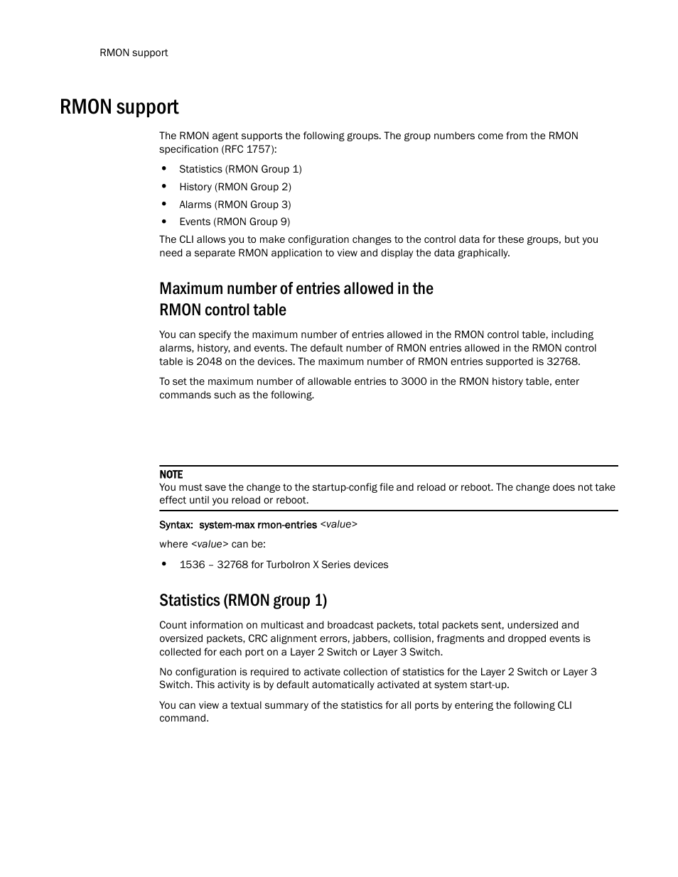 Rmon support, Statistics (rmon group 1) | Brocade TurboIron 24X Series Configuration Guide User Manual | Page 272 / 1116