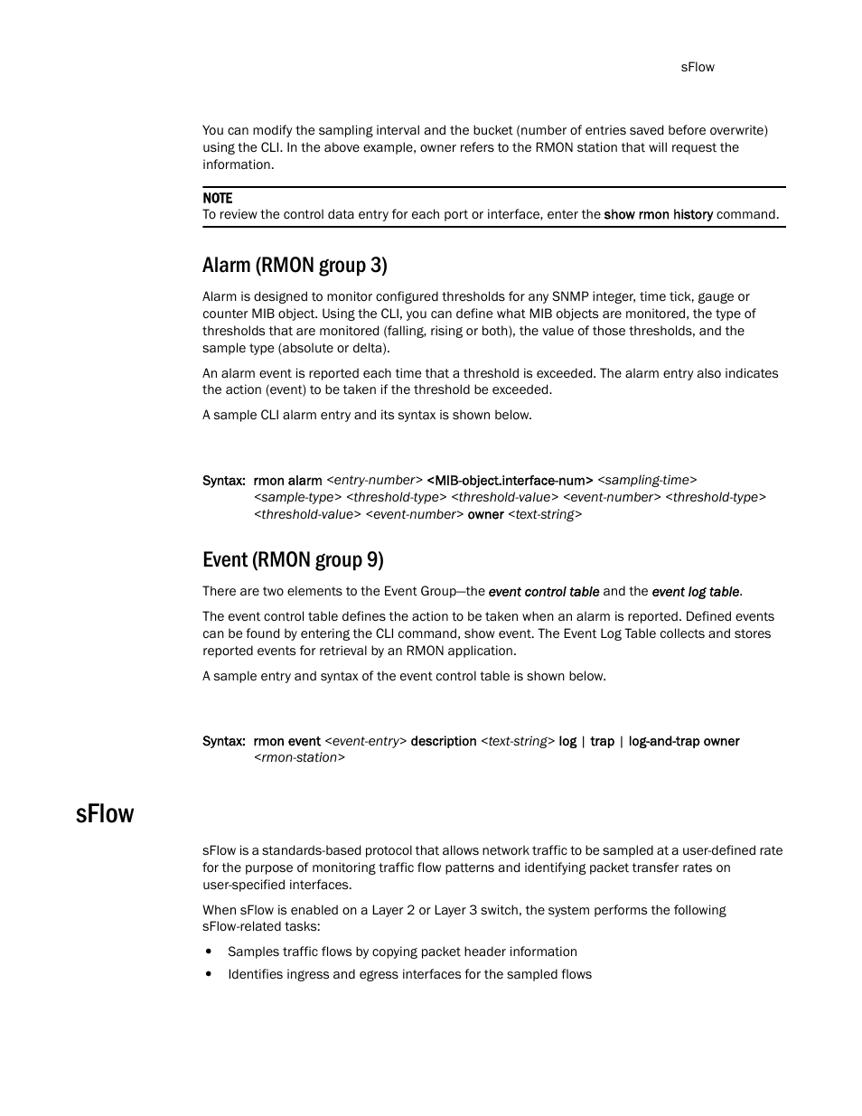 Alarm (rmon group 3), Event (rmon group 9), Sflow | Brocade TurboIron 24X Series Configuration Guide User Manual | Page 275 / 1116
