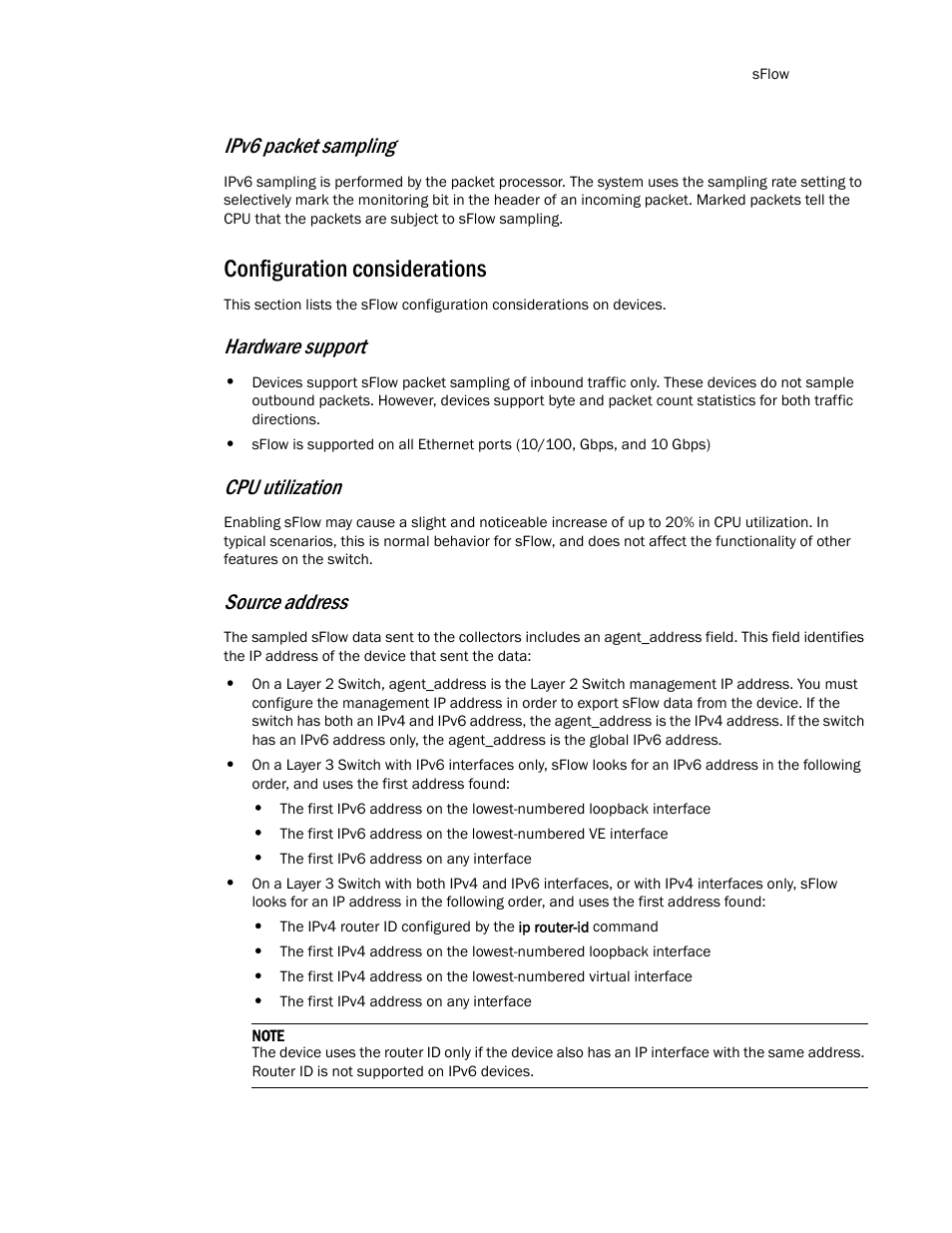 Configuration considerations, Ipv6 packet sampling, Hardware support | Cpu utilization, Source address | Brocade TurboIron 24X Series Configuration Guide User Manual | Page 277 / 1116