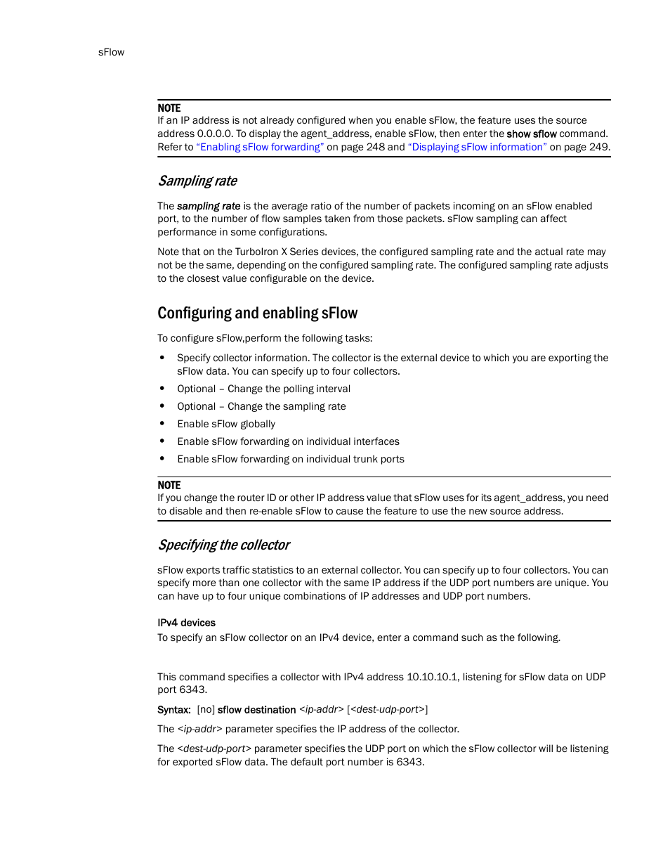 Configuring and enabling sflow, Sampling rate, Specifying the collector | Brocade TurboIron 24X Series Configuration Guide User Manual | Page 278 / 1116