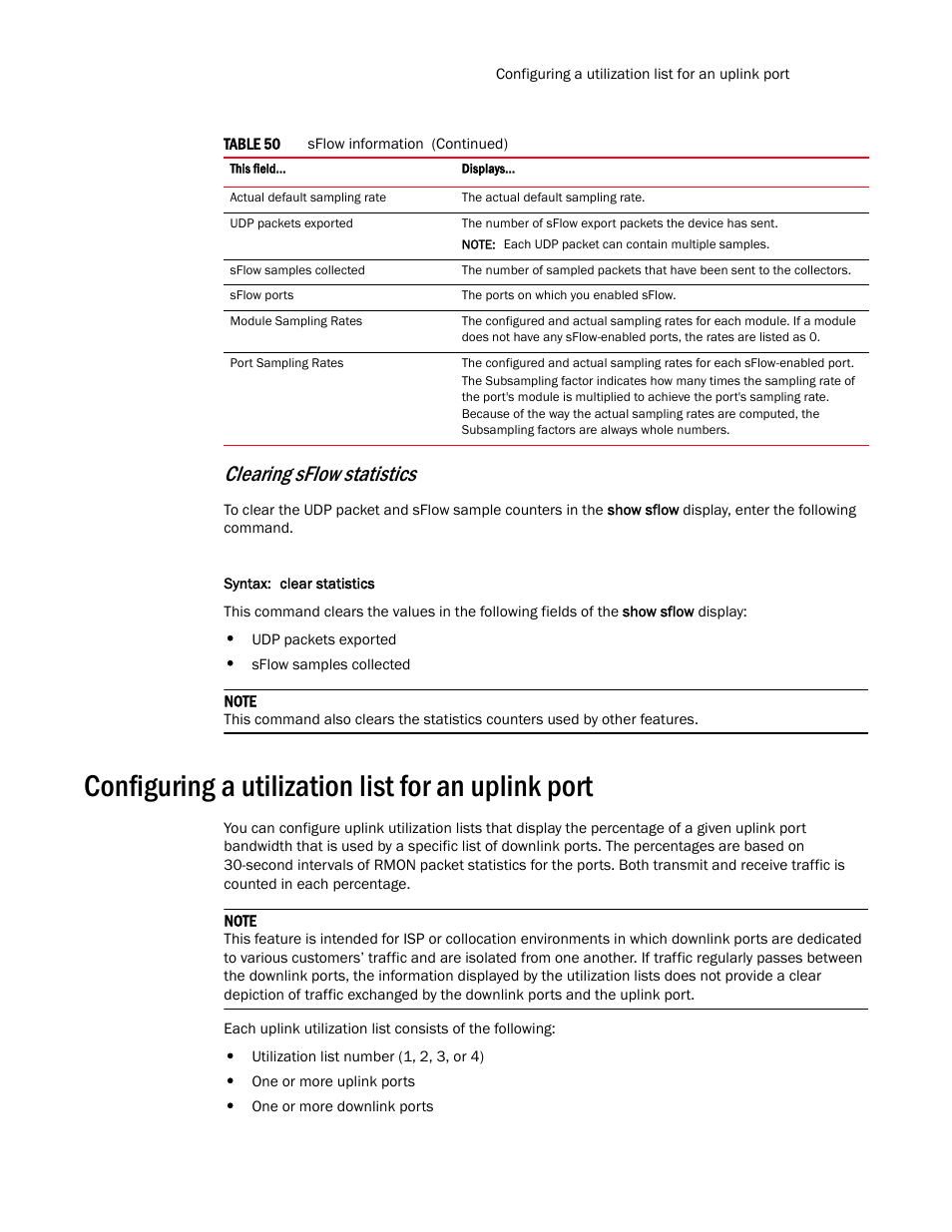 Configuring a utilization list for an uplink port, Clearing sflow statistics | Brocade TurboIron 24X Series Configuration Guide User Manual | Page 285 / 1116