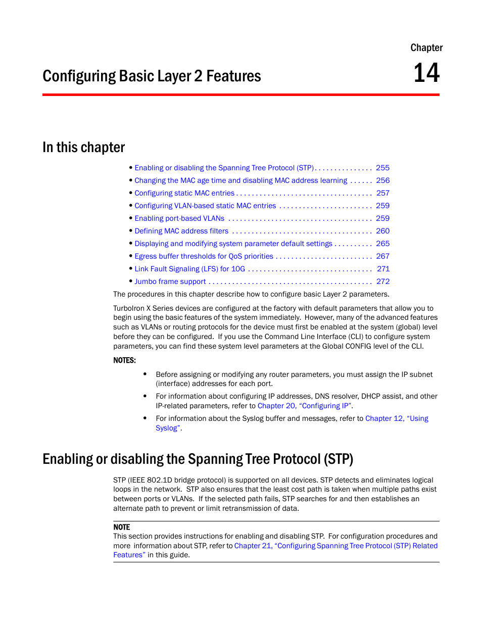 Configuring basic layer 2 features, Chapter 14 | Brocade TurboIron 24X Series Configuration Guide User Manual | Page 289 / 1116