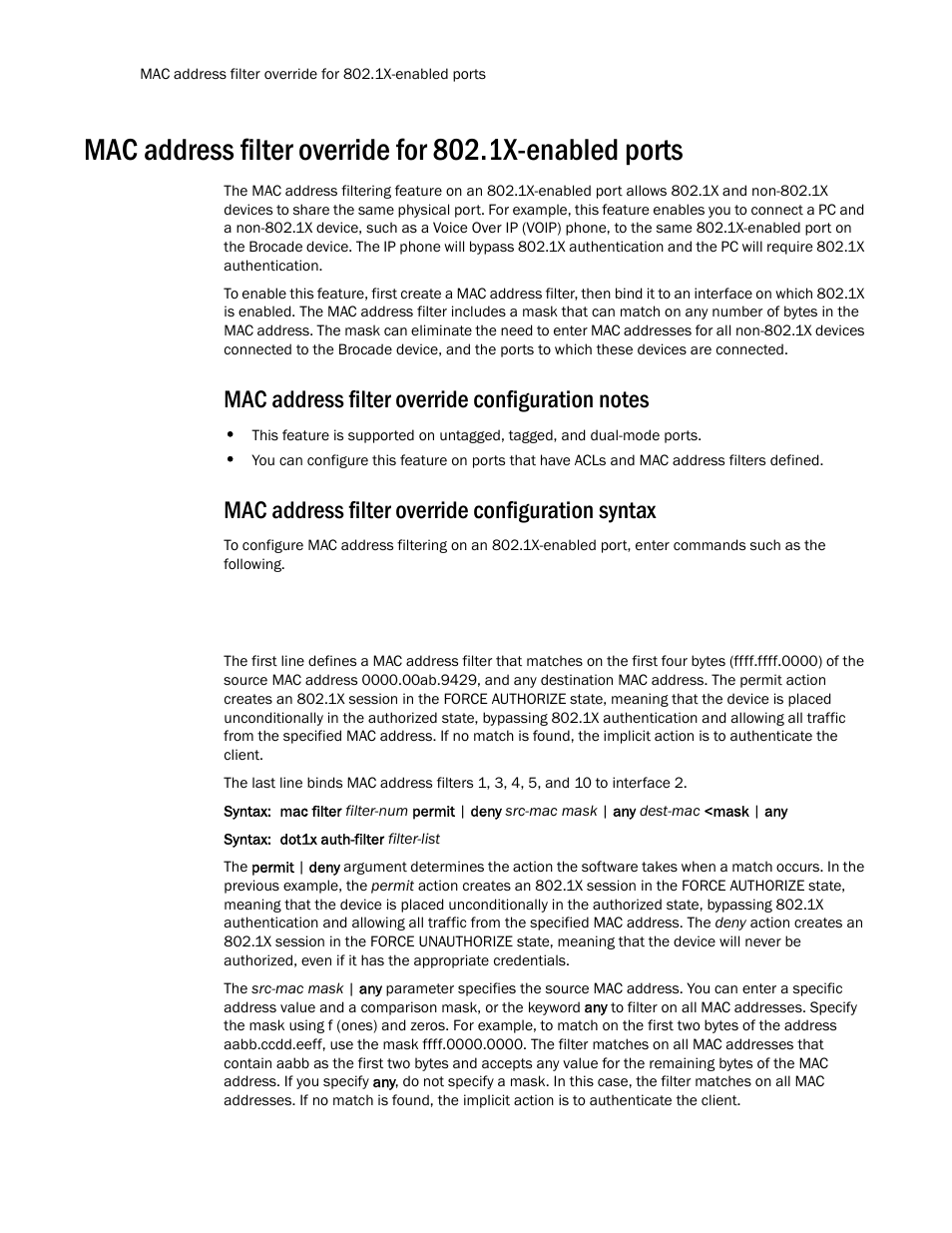 Mac address filter override configuration notes, Mac address filter override configuration syntax | Brocade TurboIron 24X Series Configuration Guide User Manual | Page 298 / 1116