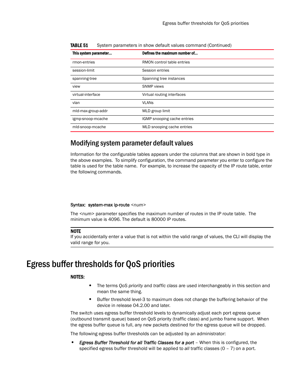 Modifying system parameter default values, Egress buffer thresholds for qos priorities | Brocade TurboIron 24X Series Configuration Guide User Manual | Page 301 / 1116