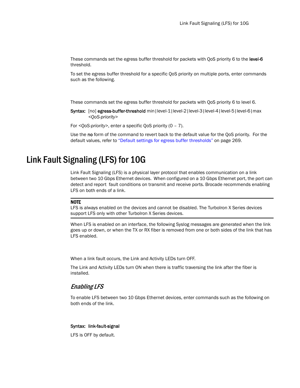 Link fault signaling (lfs) for 10g, Enabling lfs | Brocade TurboIron 24X Series Configuration Guide User Manual | Page 305 / 1116