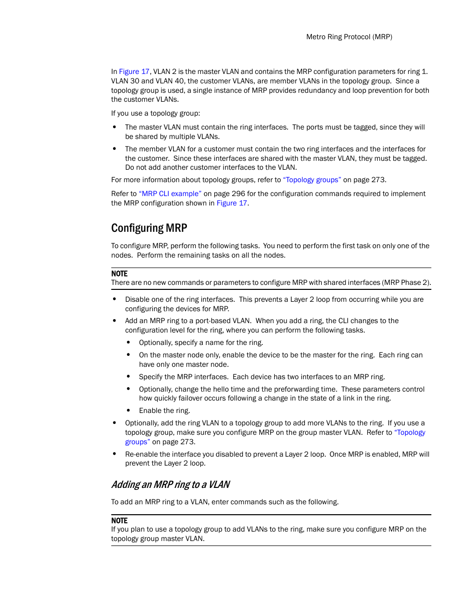 Configuring mrp, Adding an mrp ring to a vlan | Brocade TurboIron 24X Series Configuration Guide User Manual | Page 325 / 1116