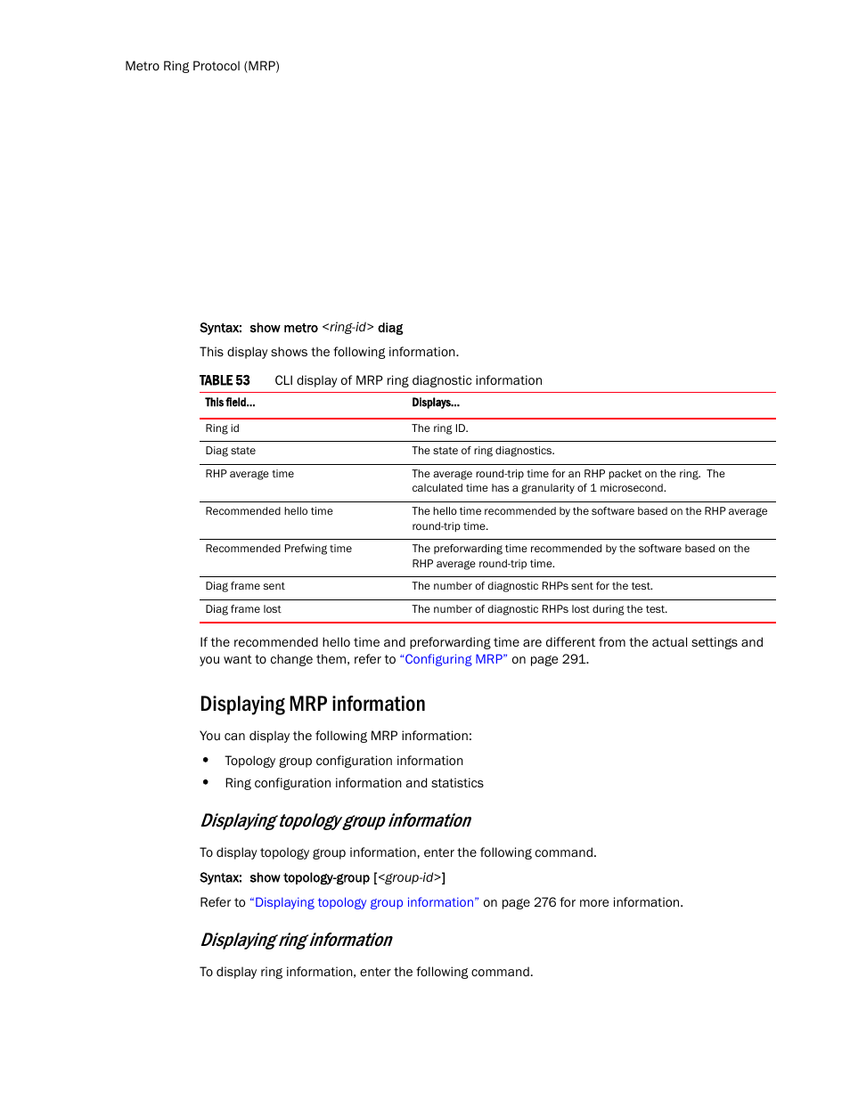 Displaying mrp information, Displaying topology group information, Displaying ring information | Brocade TurboIron 24X Series Configuration Guide User Manual | Page 328 / 1116
