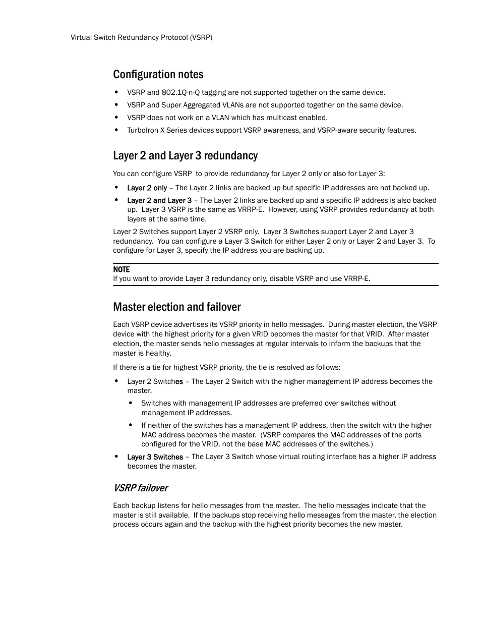 Configuration notes, Layer 2 and layer 3 redundancy, Master election and failover | Vsrp failover | Brocade TurboIron 24X Series Configuration Guide User Manual | Page 334 / 1116