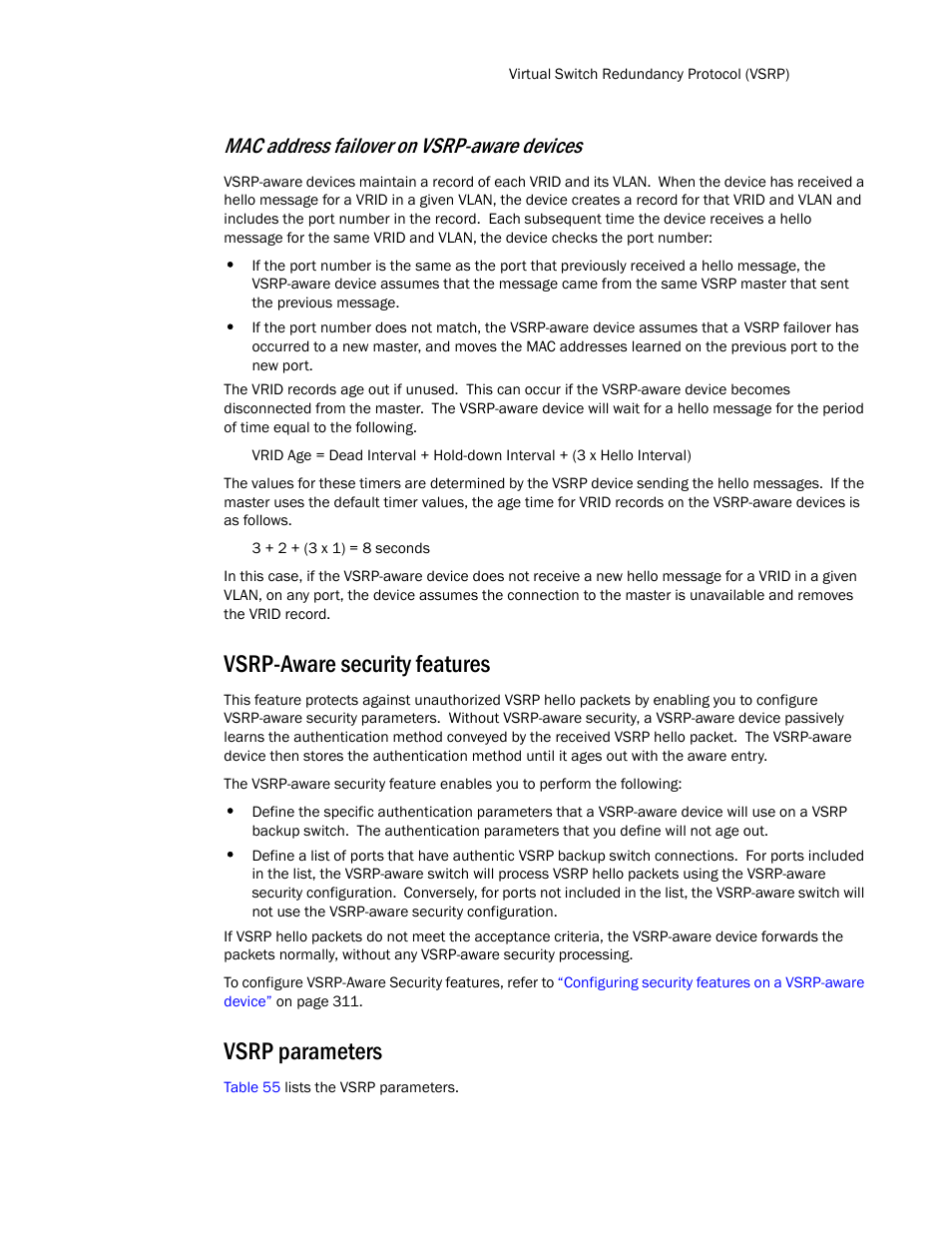 Vsrp-aware security features, Vsrp parameters, Mac address failover on vsrp-aware devices | Brocade TurboIron 24X Series Configuration Guide User Manual | Page 339 / 1116
