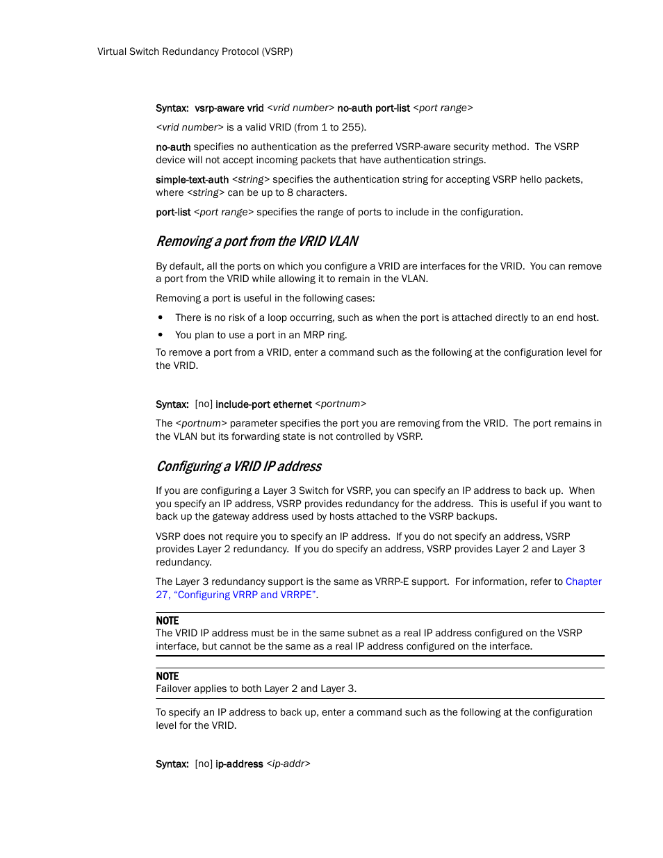 Removing a, Port from the vrid vlan, Removing a port from the vrid vlan | Configuring a vrid ip address | Brocade TurboIron 24X Series Configuration Guide User Manual | Page 346 / 1116
